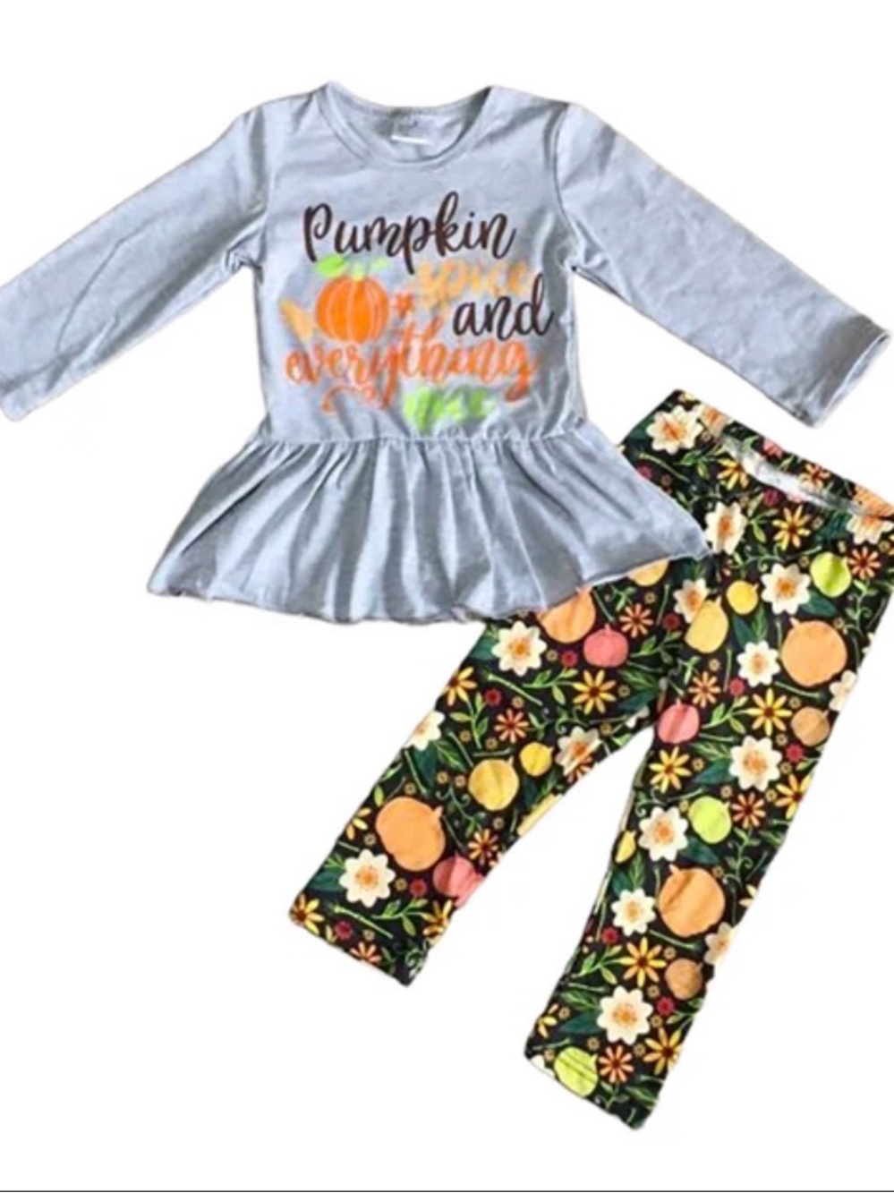 Ann Loren Gray Top with Black Floral Pumpkin Leggings